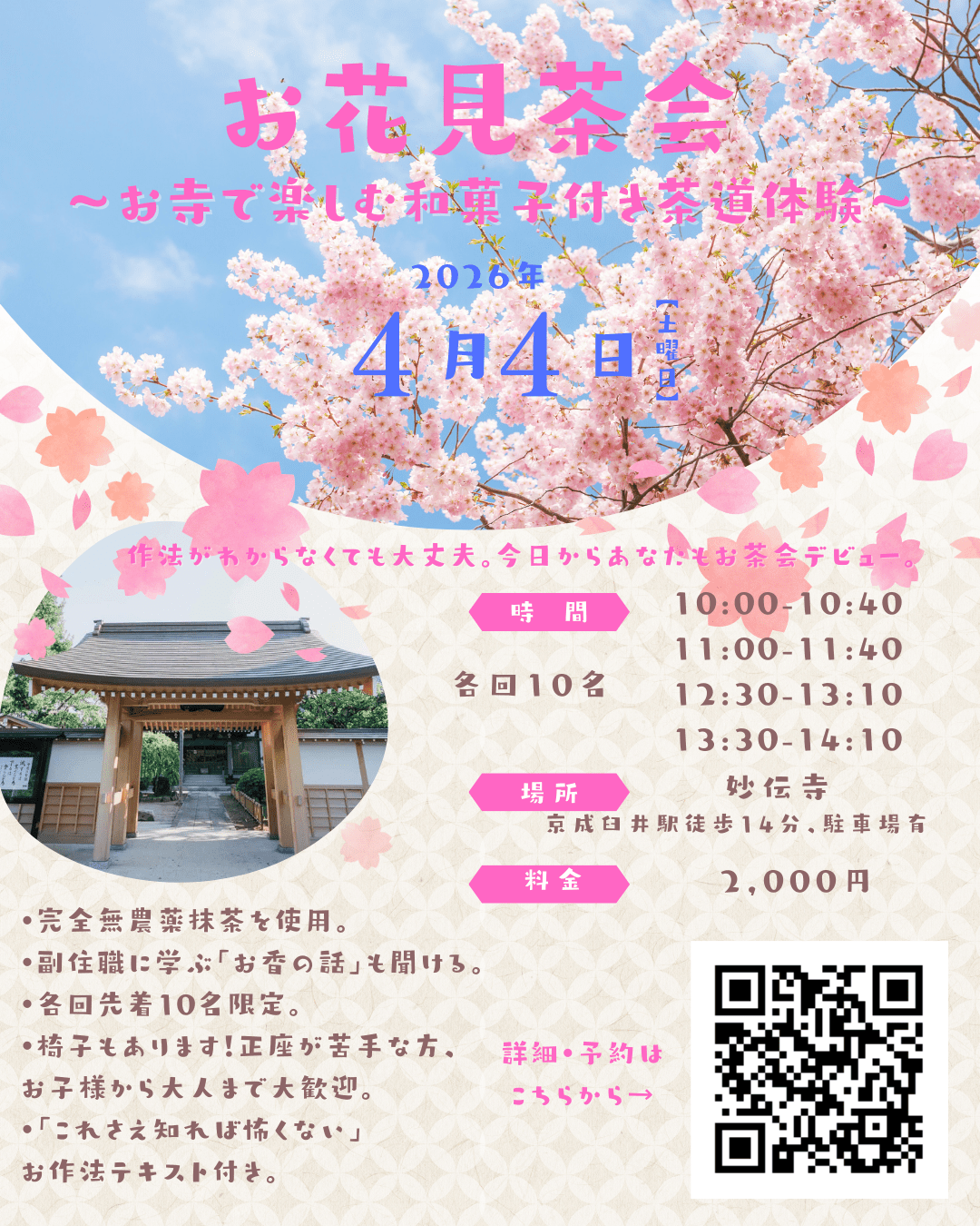 お花見茶会〜お寺で楽しむ和菓子付き茶道体験〜