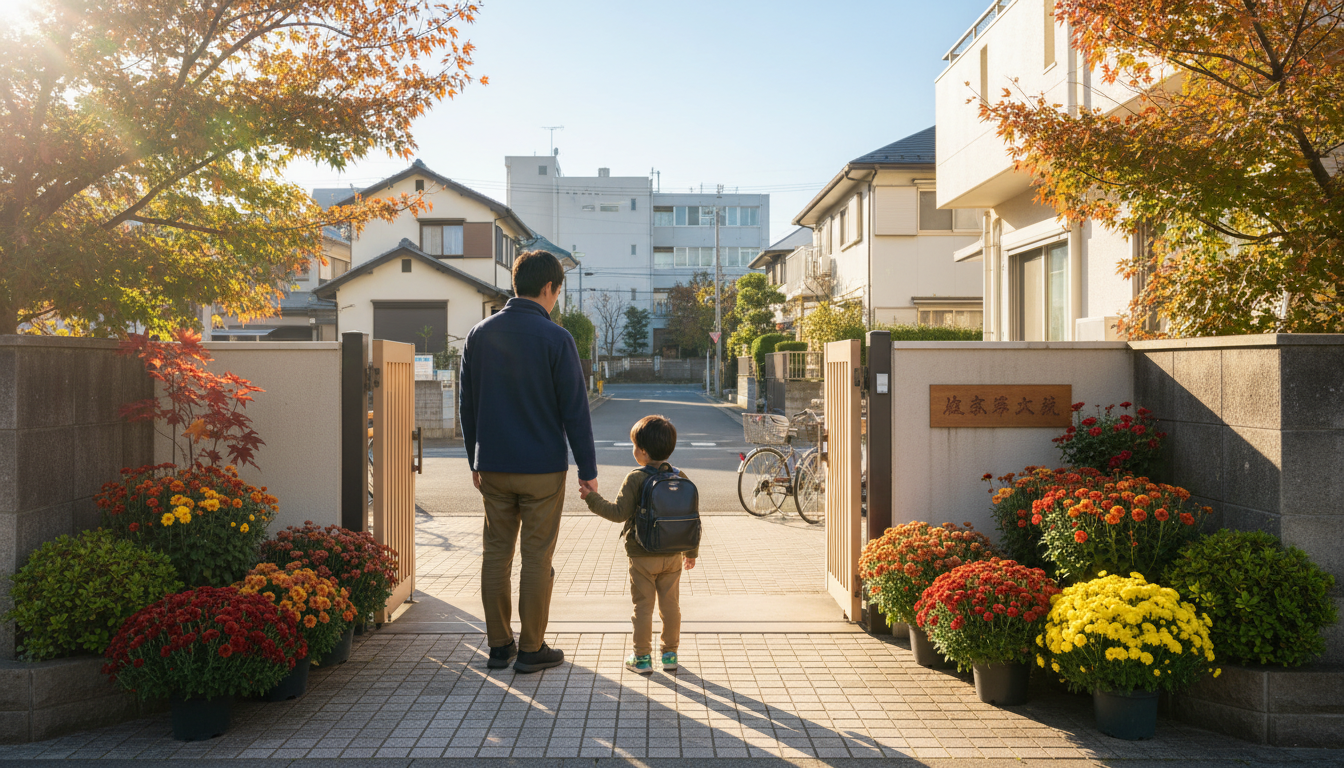 保育園の門の前に立つ親子のイメージ(イメージ画像)