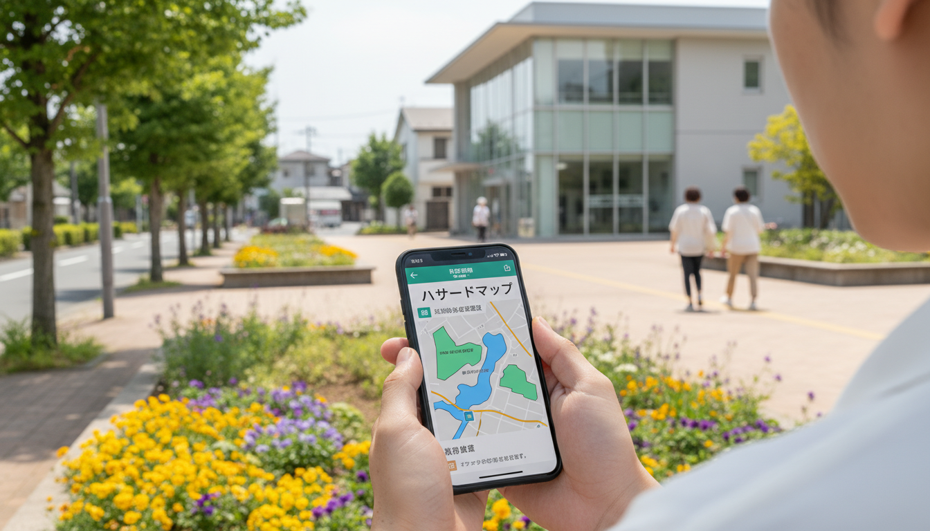 スマホでハザードマップWeb版を見ているイメージ（イメージ画像）